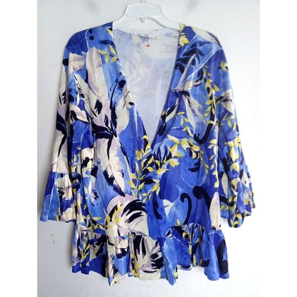 Chico's Women Blue w/White Yellow Floral Linen Blend Cardigan Sweater sz 3/Large - Picture 1 of 7